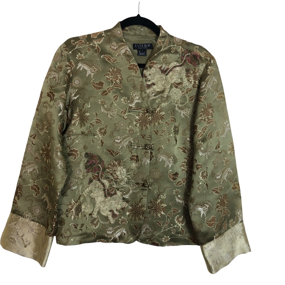 Citron Santa Monica   Olive Green Gold Asian Print Long Sleeves Blazer Size L